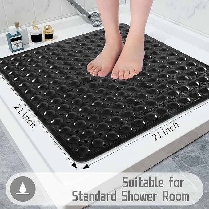 Yimobra Shower Mat 21X21 Inch Square, Non Slip Bathtub Mat with Large Suction Cups&Drain Holes, Soft Fast Dry Shower Stall Mats for Inside Shower, Machine Washable BPA-Free, Bath Essentials, Black