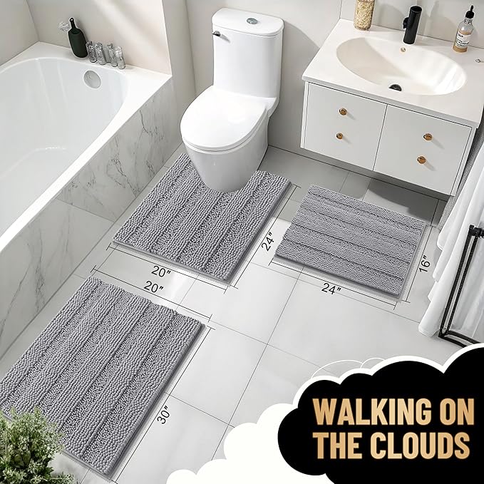 OLANLY Thick Bathroom Runner Rugs 59x24, Absorbent Chenille Striped Bath Rugs, Rubber Backing, Machine Wash Dry, Extra Long Bath Mats for Bathroom Floor, Tub and Shower, Home Decor Accessories, Grey