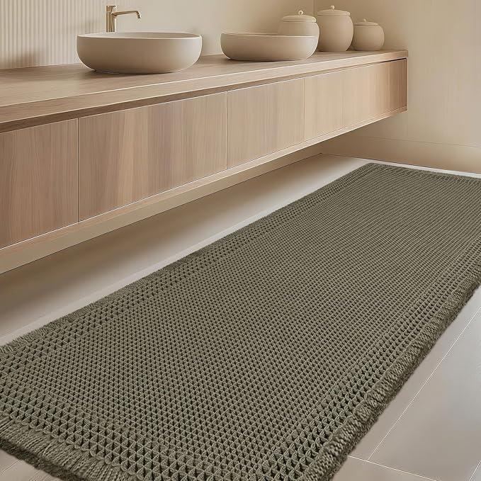IM HOME Extra Large Waffle Bath Mat, 5'x2' Greyish Green, Boho Bathroom Rugs Absorbent Non Slip, Ultra Soft Bathroom Mat, Machine Washable Knit Bath Rugs with Border for Bathroom, Bedroom, Kitchen