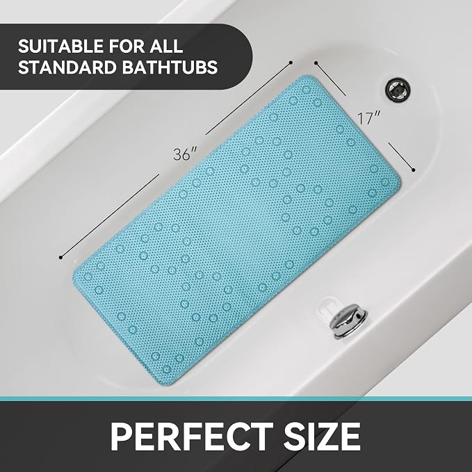 Bathtub Mat Non Slip Blue 36” X 17” Shower Mat Soft Foam Bath Mats for Bathroom Tub, Bathtub Mat with Drain Holes, Suction Cups, Shower Mat Non Slip