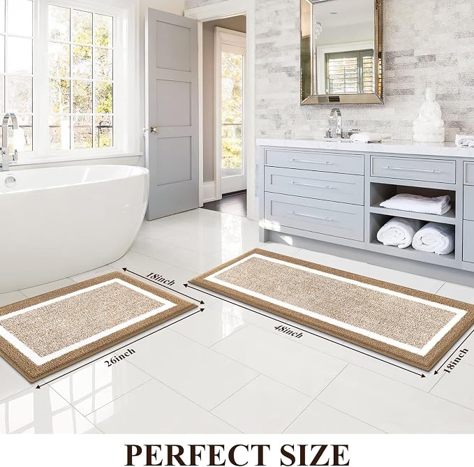 Pauwer Bathroom Rugs Sets 2 Piece, Non Slip Bath Mats for Bathroom, Absorbent Bath Rugs Floor Mat, Machine Washable Shower Rugs for Bath Floor, Tub and Shower, Khaki