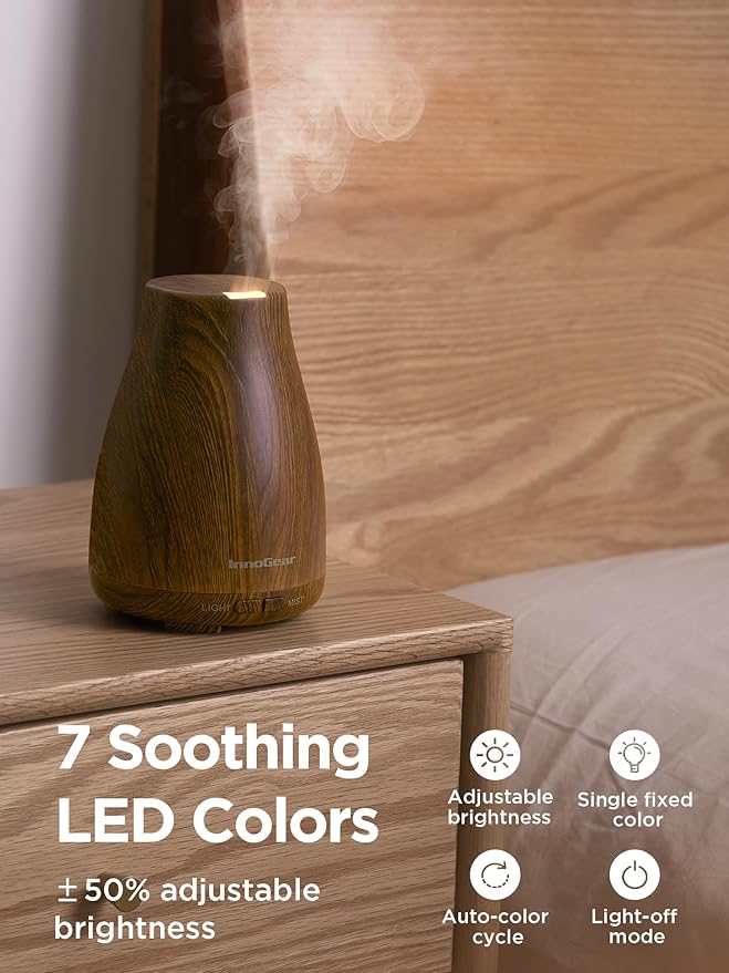 InnoGear Essential Oil Diffuser, Ultrasonic Diffusers for Home Aromatherapy Humidifier for Bedroom Room 7 Colors LED 2 Mist Mode Auto Off, Bronze