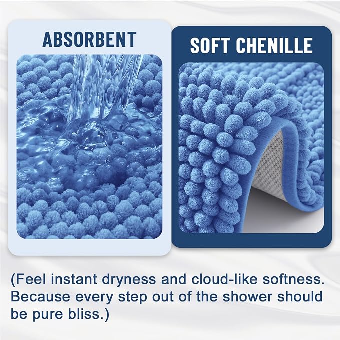 Grandaily Chenille Striped Bathroom Rugs 59x24, Extra Thick and Soft Absorbent Bath Mats, Rubber Backing, Plush Shaggy Shower Carpet, Machine Wash Dry, Bath Rug for Bathroom, Cornflower Blue
