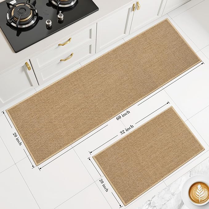 Kitchen Rugs and Mats, Non Slip Washable Set of 2 PCS, Absorbent Kitchen Mats for Floor, Kitchen Runner Rug, Rubber Backing, for Kitchen Decor, Front of Sink (Khaki, 20’’*32’’+20’’*60’’)