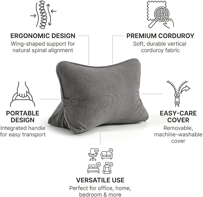 Pat. Pend. Corduroy Lumbar Support Backrest Pillow for Sitting & Reading, Ergonomic Triangle Cushion for Sofa, Armchair & Bed, Removable Cover, Dark Grey