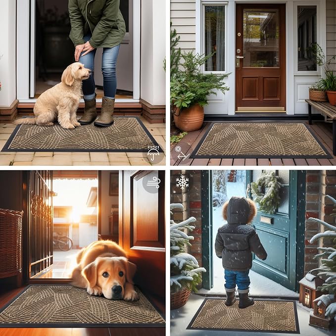 Smiry Front Door Mat Outside Entrance, Heavy Duty Sturdy Natural Rubber Doormat, Trap Dirt and Moisture, Easy Clean Low Profile Mats for Indoor Outdoor Entry, Interwoven Stripes 29.5x17, Brown