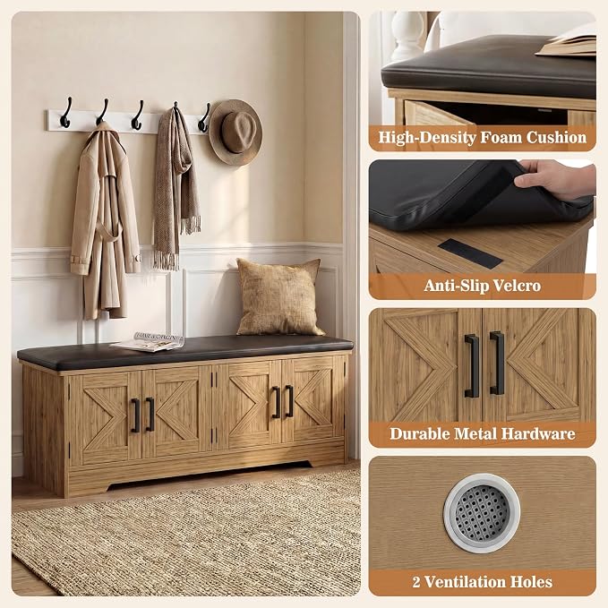 Farmhouse Shoe Storage Bench with Cushion - 43.3" Entryway Bench with Storage & 4 Barn Doors, 2-Tier Wooden Shoe Rack Bench, Shoe Cabinet & Mudroom Bench for Bedroom Hallway Living Room, Brown Oak