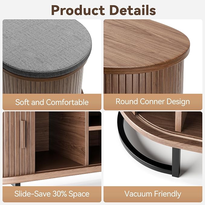 Decofy Storage Bench with Cushion and Sliding Doors, 47.2 Inch Large Entryway Shoe Bench with Sturdy Metal Feet, Multi-Functional for Entrance Hall, Bedroom, Living Room (Walnut)