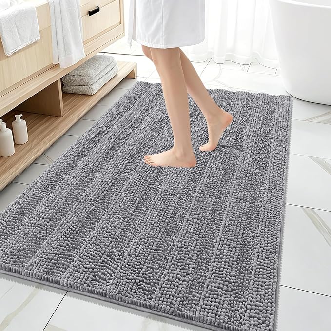 OLANLY Thick Large Bathroom Rugs 59x35, Extra Soft Absorbent Chenille Striped Bath Rugs, Rubber Backing, Machine Wash Dry, Bath Mats for Bathroom Floor, Tub and Shower, Home Decor Accessories, Grey