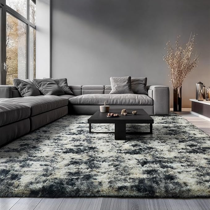 Ophanie 9x12 Black Gold and Grey Area Rugs for Living Room, Large Dark Black Gold Fluffy Shag Fuzzy Plush Soft Carpets, Floor Shaggy Rugs for Bedroom, Carpet for Boys Dorm Nursery Home Decor Aesthetic