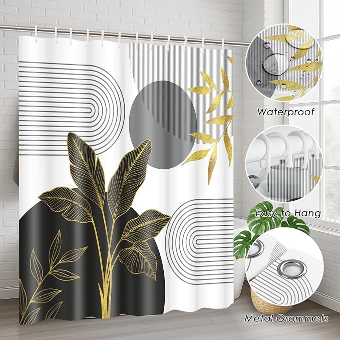 Boho Grey and Gold Shower Curtain Set with Toilet Lid Cover and Non-Slip Rugs, Mid Century Modern Abstract Minimalist Leaves Neutral 4 Pcs Shower Curtain for Bathroom Set with 12 Hooks