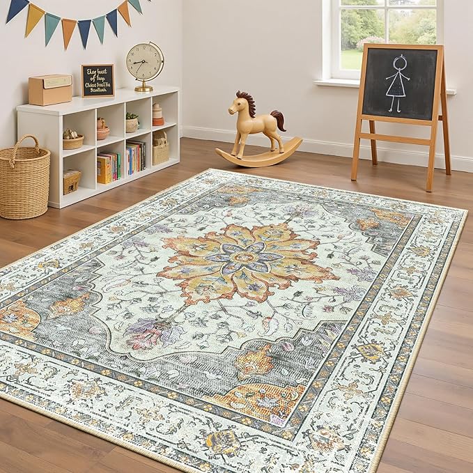 RELEANY Area Rugs 5'x7' Washable Non-Slip, Floral Vintage Distress Medallion Carpet for Living Room Bedroom Dining Room, Beige Carbon Grey Orange
