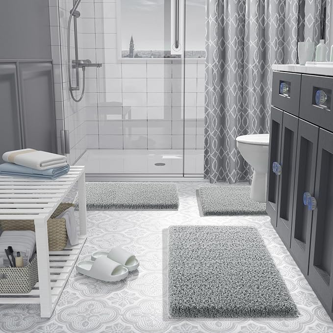 Yimobra Bathroom Rugs Non Slip Washable, Ultra Soft and Water Absorbent Bath Mats, Plush Fluffy Shower Mat Outside, Microfiber Thick Matts for Bathroom Floor/Sink, 24x17, Pure Gray