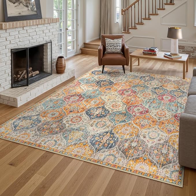 Lahome Moroccan 6x9 Rugs for Living Room, Soft Washable 6x9 Area Rug for Bedroom, Ultra-Thin Oriental Trellis Non Shedding Throw Large Carpet for Dining Room Office Elise, Cream/Multi