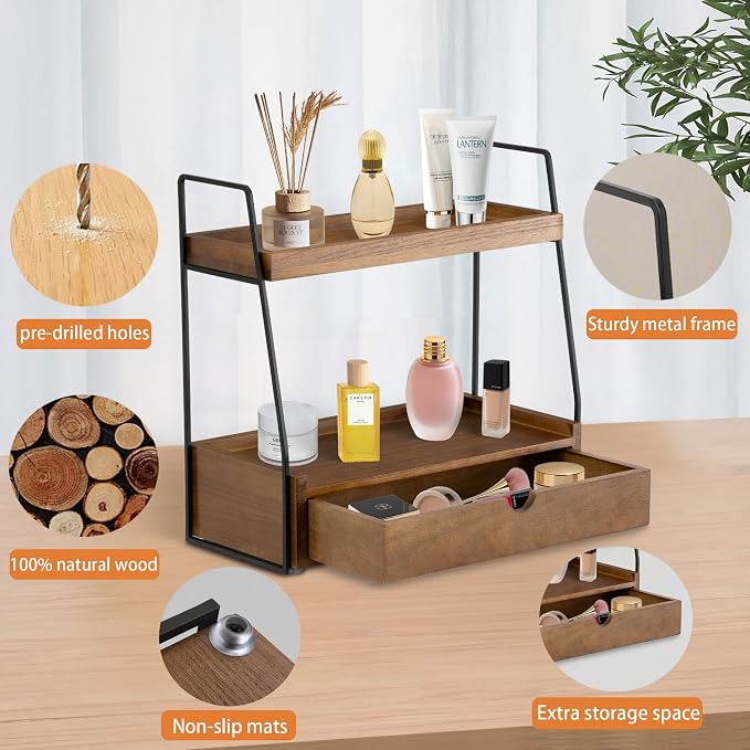 2-Tier Bathroom Organizer Countertop with Drawer, Wood Counter Organizer for Bathroom Decor, Sink Shelf for Vanity Storage, Makeup Tray for Perfume Skincare, Spice Rack Bedroom Kitchen Corner