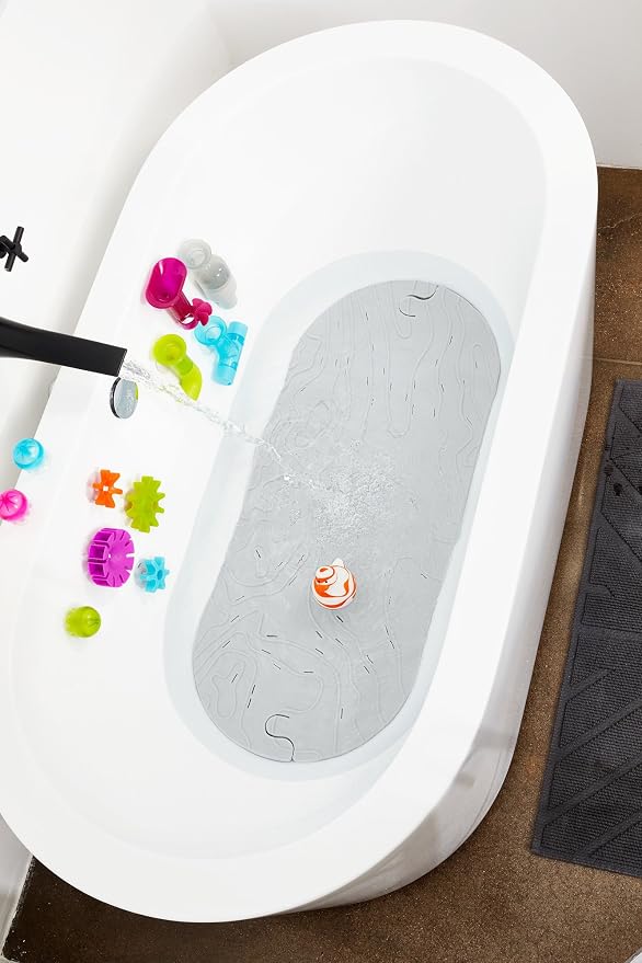 Boon GRIFFLE Textured Non Slip Baby Bath Tub Mat with Hanging Hook and Drain Holes, Gray