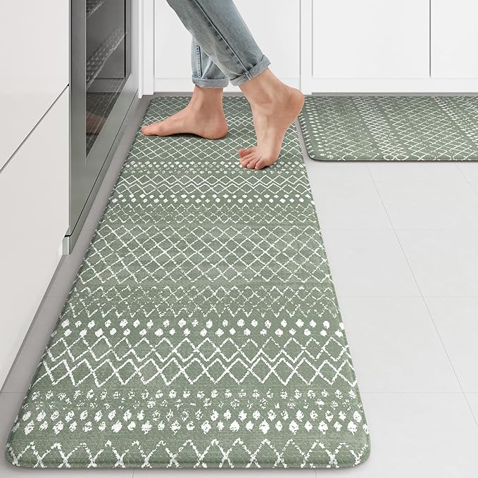 KIMODE Kitchen Mats for Floor Anti Fatigue Green Boho Kitchen Rugs Sets of 2 Cushioned Kitchen Floor Mats Comfort Standing Mat Geometric Laundry Room Rug for Bathroom Sink Office Desk 17"x47"+17"x29"