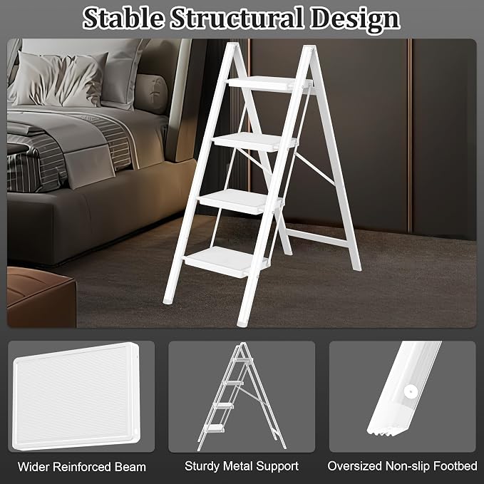 DIAMONDFORGE 4 Step Ladder, Folding Step Stool with Anti-Slip Wide Pedal, Anti-Slip Feet, Sturdiest Steel Construction, 330lbs Capacity Steel Ladder for Home and Office, White
