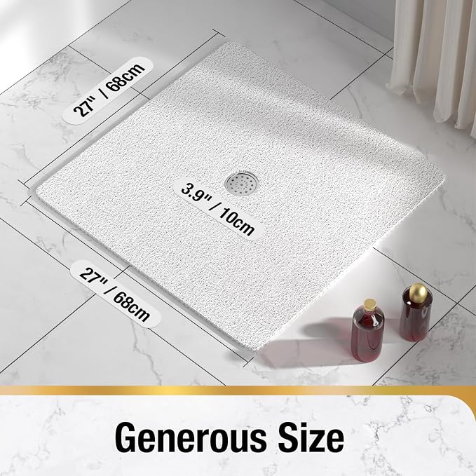 HITSLAM Square Shower Mat, 27 x 27 Inch Non Slip Bath Mat for Tub, Soft PVC Loofah Bathtub Mats with Drain Holes, Quick Drying Bathroom Stall Floor Mat, Bathroom Accessories Without Suction Cup, White
