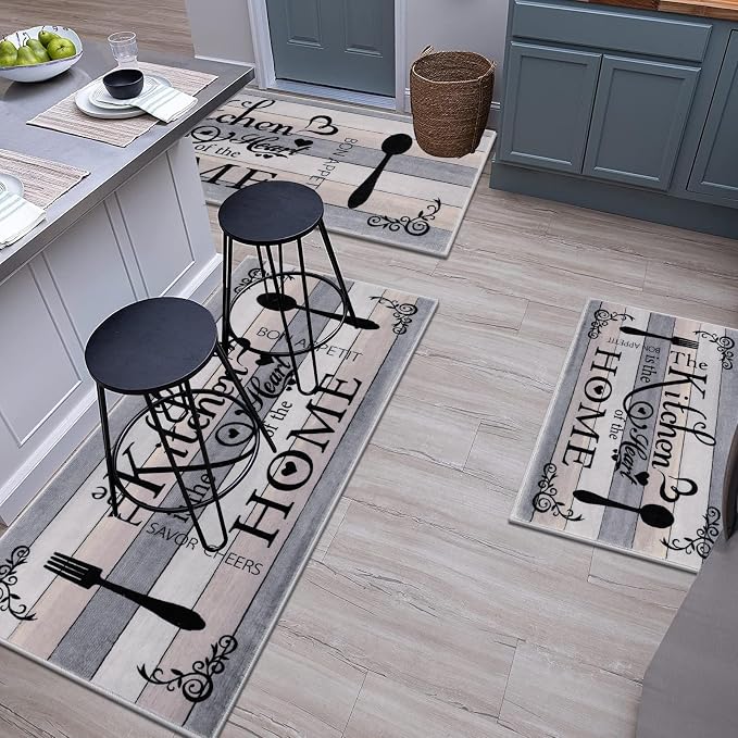 Vaukki Boho Kitchen Rug Sets 3 Pieces, Washable Kitchen Mats for Floor, Non Slip Soft Kitchen Area Rug Floor Mat for Kitchen, Laundry Room and Hallway (Grey and Beige, 20''x32''+20''x47''+20''x59'')