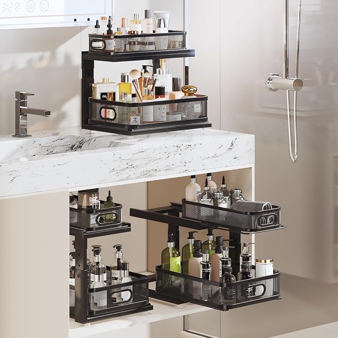 1 Pack 15IN-Depth Under Sink Organizer with Next-Gen Ball-Bearing Slides,2-Tier Precision Mesh Pull Out Cabinet Storage for Bathroom&Kitchen,Height Adjustable Drawers Shelf,Anti-Rust-Black