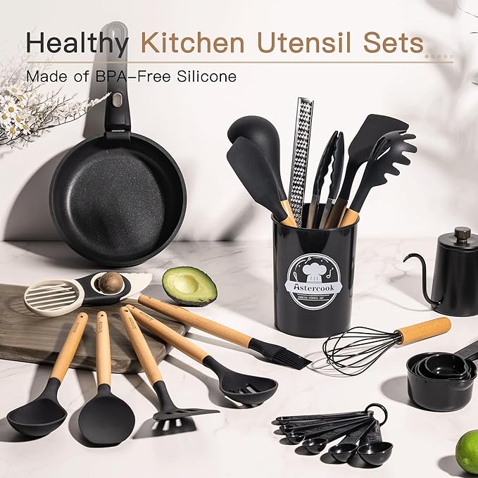 Astercook 39 PCS Kitchen Utensils Set, Silicone Cooking Utensil Sets with Wooden Handle, 446°F Heat Resistant Food Grade Spatula Set, BPA Free Kitchen Gadgets Tools Set & Spoons for Nonstick Cookware