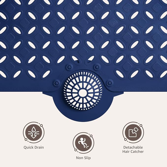 OTHWAY Bath Mat for Tub Non Slip: 39" X 17" Long Bathtub Mat with Hair Catcher│Big Drain Holes Shower Mats for Inside Shower│Machine Washable (Navy Blue)