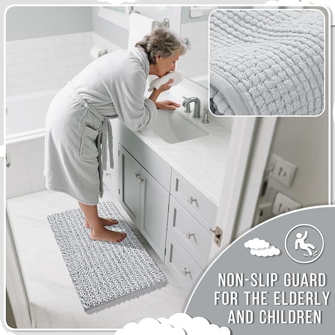 Yimobra Bathroom Rugs Non Slip Washable 32x20 Inch - Ultra Soft Absorbent Chenille Bath Mat, Quick Dry Shaggy Floor Carpet for Tub Shower, Silver Home Decor Accessories