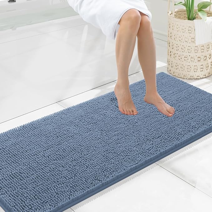 Smiry Luxury Chenille Bathroom Rugs 59x20, Extra Soft and Absorbent Shaggy Bath Mat, Machine Washable, Non-Slip Plush Carpet Runner for Tub, Shower, and Floor, Home Decor Accessories, Grayish Blue