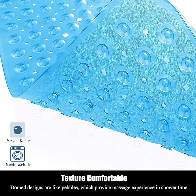 Bathtub and Shower Mats, 28 x 15 Inch Non-Slip Bath Mat, Machine Washable Bath Tub Mat with Suction Cups & Drain Holes for Bathroom, Clear Blue