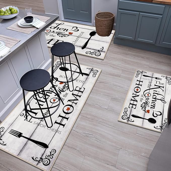 Vaukki Boho Kitchen Rug Sets 3 Pieces, Washable Kitchen Mats for Floor, Non Slip Soft Kitchen Area Rug Floor Mat for Kitchen, Laundry Room and Hallway (Log, 20''x32''+20''x47''+20''x59'')