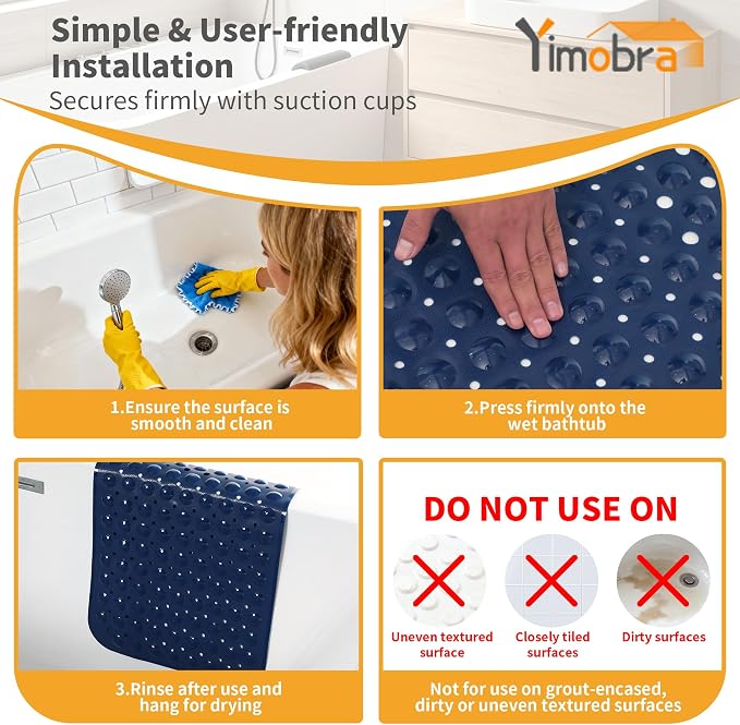 Yimobra Non Slip Bathtub Mat 40 x 16 Inch, Extra Long Shower Mat with Drain Holes, Machine Washable Baby Bath Mats, Strong Suction Cups for Bathroom Floor, Navy Blue