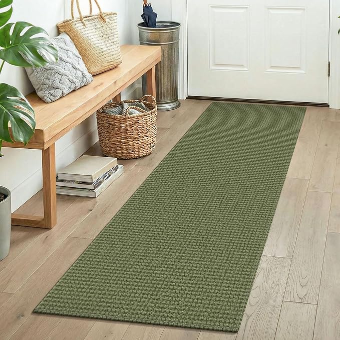 KOZYFLY Woven 2x5 Entry Runner Rug, Washable Runners for Entryway, Non Slip Hallway Rug, Small Throw Carpet Runner for Kitchen, Bedside, Hall, Bathroom, Olive Green/Earthy Green