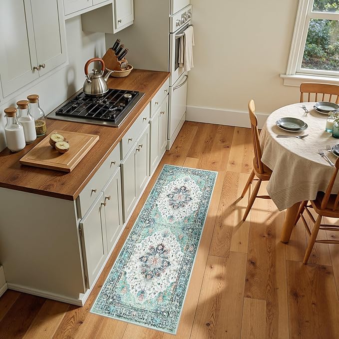 RELEANY Area Rugs Runner 2'x5' Washable Non-Slip, Floral Vintage Distress Medallion Carpet for Kitchen Hallway Bedroom Beside Laundry Room Bathroom, Green Navy Blue White Red Teal