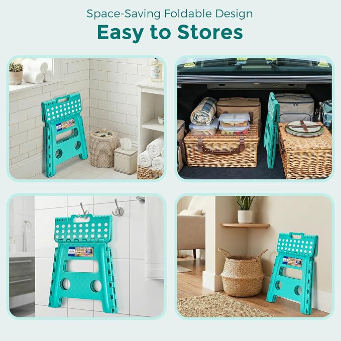 ACKO Folding Step Stool 13 Inch, Sturdy Collapsible Step Stool Foldable Up to 300 lbs for Adults, Non Slip Lightweight Foot Stools with Handle, Ideal for Kitchen, Bathroom, Bedroom, Garden, Teal