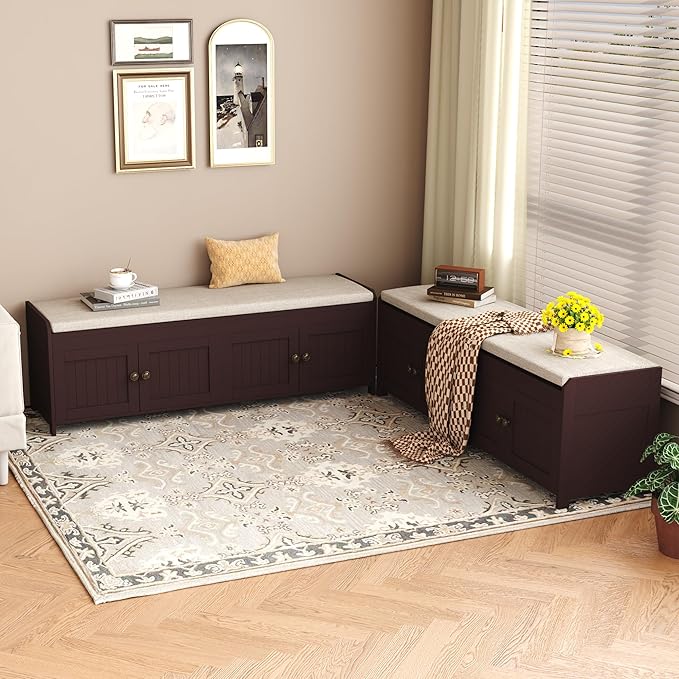 HOMEFORT 54.4" Shoe Bench with Lift Top Storage, Entryway Bench with Cushioned Seat, Wooden End of Bed Bench, Shoe Cabinet Bench with Hidden Storage Space, for Bedroom, Hallway,Espresso