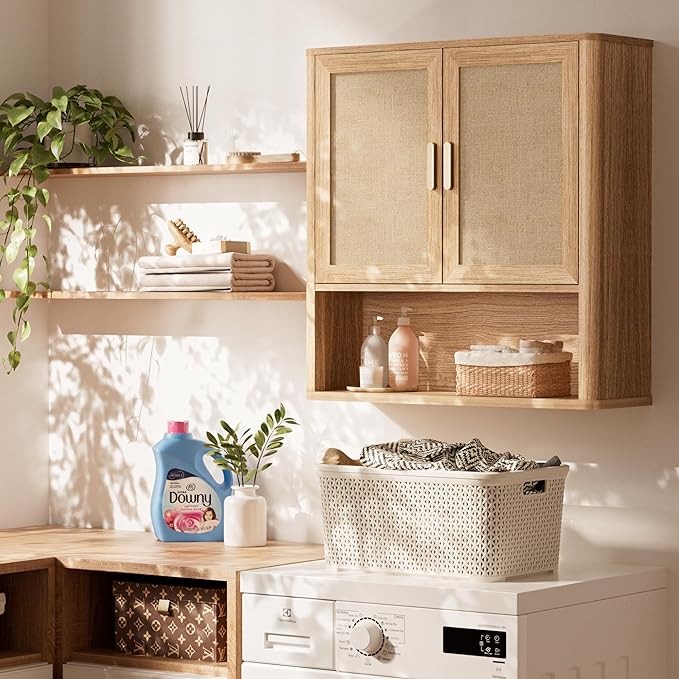 INNOD Rattan Bathroom Wall Cabinet with Open Compartments, Wall-Mounted Medicine Cabinet with Adjustable Wood Shelf & Doors, Over the Toilet Storage Cabinet for Laundry Room & Kitchen & Living Room