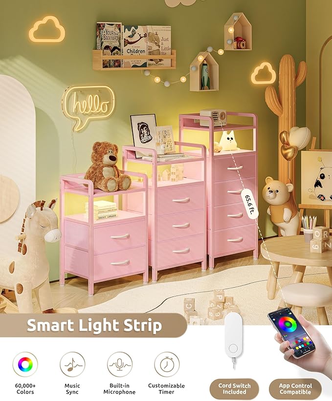 Lazzanto Night Stand Bedside Charger Bedroom - Nightstand with Charging Station & LED Light Strip, Night Stand with Storage Shelf & 4 Fabric Drawers, Morden End Table with USB Ports&AC Outlets,Pink