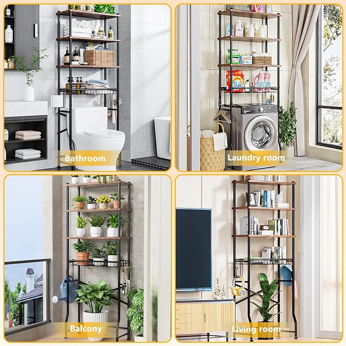 Over-The-Toilet Storage Shelf,4-Tier Bathroom Organizer Cabinet Rack And Storage Over Toilet With Shelf Waterproof Feet Pad And Basket,Multifunctional Space Saver Freestanding Bathroom Shelves（Brown）