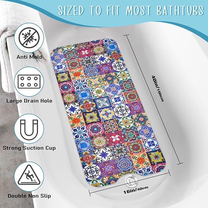 Boho Bathtub Mat Non Slip, Vintage Bath Tub Mat Baby Bath Mats for Bathroom Anti Slip Shower Mats for Inside Shower, Colorful Floral Bathmat with Suction and Drain Holes Machine Washable, 40″x16″
