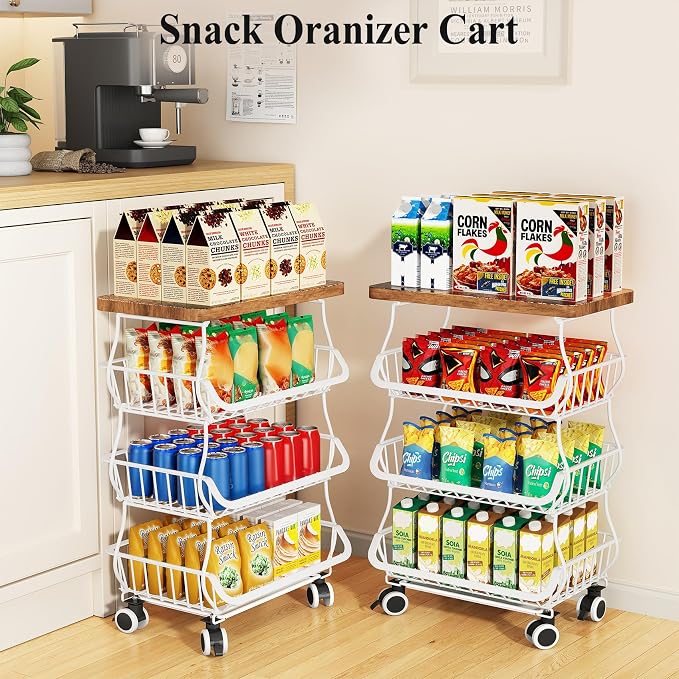 SAYZH Fruit Basket Kitchen Pantry Organizers and Storage - Wooden Top Table, Stackable Metal Wire Basket Stand Cart for Fruit Vegetable Snacks Onion Potato Organization (White, 4 Tiers)