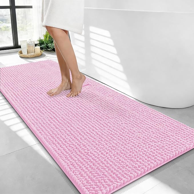 OLANLY Thick Bathroom Runner Rugs 44x24, Extra Soft Absorbent Chenille Bath Rugs, Rubber Backing, Machine Wash Dry, Long Bath Mats for Bathroom Floor, Tub and Shower, Home Decor Accessories, Pink