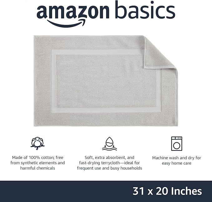Amazon Basics Banded Bathroom Bath Rug Mat, 100% Cotton, 31 x 20 inches, Soft Silver (Pack of 2)