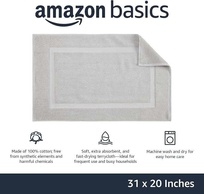 Amazon Basics Banded Bathroom Bath Rug Mat, 100% Cotton, 31 x 20 inches, Soft Silver