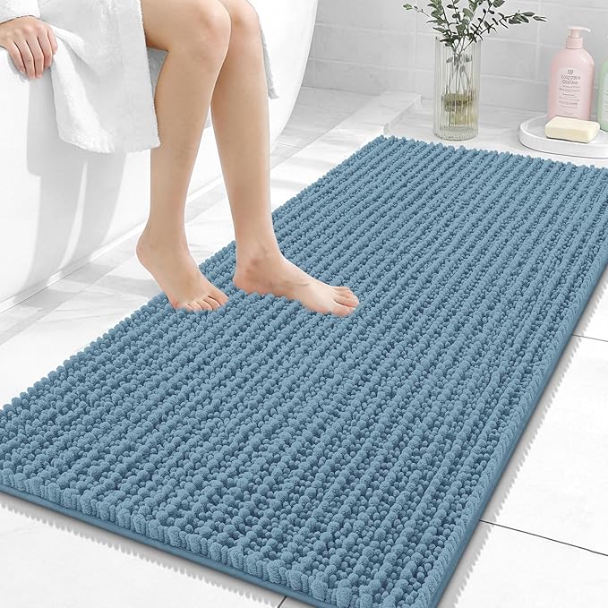 OLANLY Long Bathroom Rugs Runner 47x24, Thick Soft and Absorbent Chenille Bath Mat, Non-Slip, Machine Washable Quick Dry Bath Rugs for Tub Shower Floor, Home Decor Accessories, Airy Blue