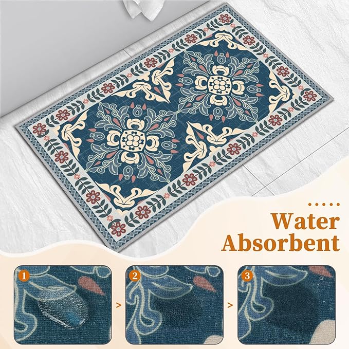 3-Piece Kitchen Rugs, Non-Slip & Washable Floor Mats, Water-Absorbent Area Pad, Standing Desk Mat for Office, Home, Doorway, Laundry, Kitchen Accessories (Retro Blue)