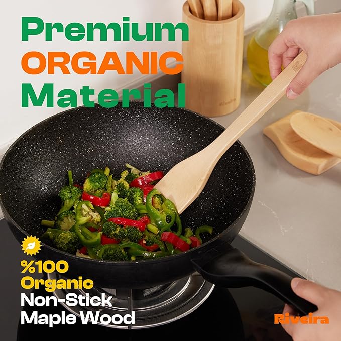 Riveira Maple Wooden Spoons for Cooking Set of 3 – Natural Maple Wooden Cooking Utensils, Wooden Spatula, Wooden Spoon - Premium Quality Utensil Set for Non-Toxic Cooking