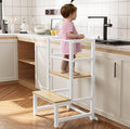 INNOD Kitchen Step Stool for Toddlers, Height Adjustable Toddler Tower with Safety Rail, Steel and Wood Toddler Kitchen Stool Helper Kids, Stool for Kids, Learning Tower, Kids' Desk Wood White