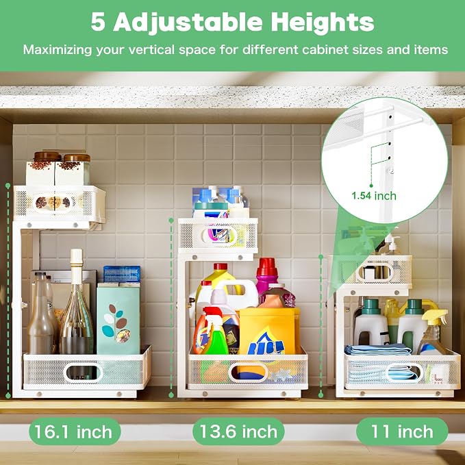Under Sink Organizer, High Adjustable 2 Tier Under Sink Organizers and Storage, Slide out Metal Cabinet Organizers, Pull out Storage Drawer Shelf for Kitchen Bathroom Cabinet (1, White)