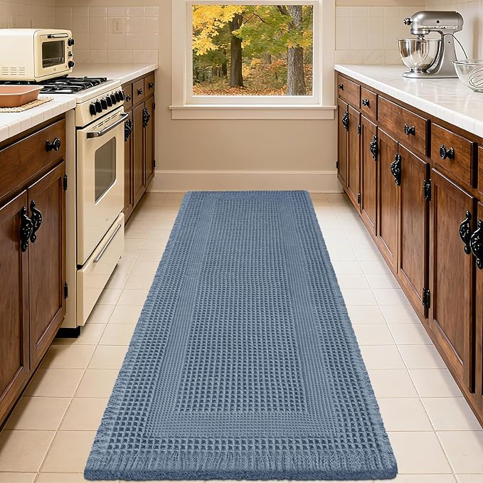 Upgrade Waffle Bath Mat, Boho Bathroom Rugs Absorbent Non Slip, Ultra Soft Bathroom Mat, Machine Washable Knit Bath Rugs with Tassels for Bathroom, Bedroom, Kitchen, Shower, Tub, 32"x20", Blue